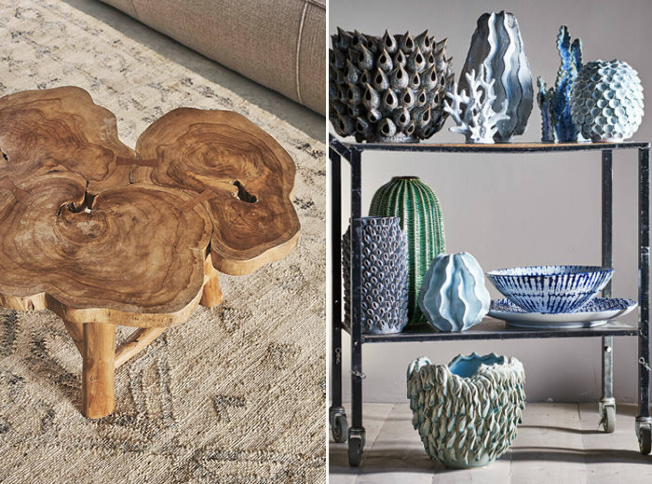 Skulpturalt soffbord från Zara Home och havsinspirerade vaser från Jotex