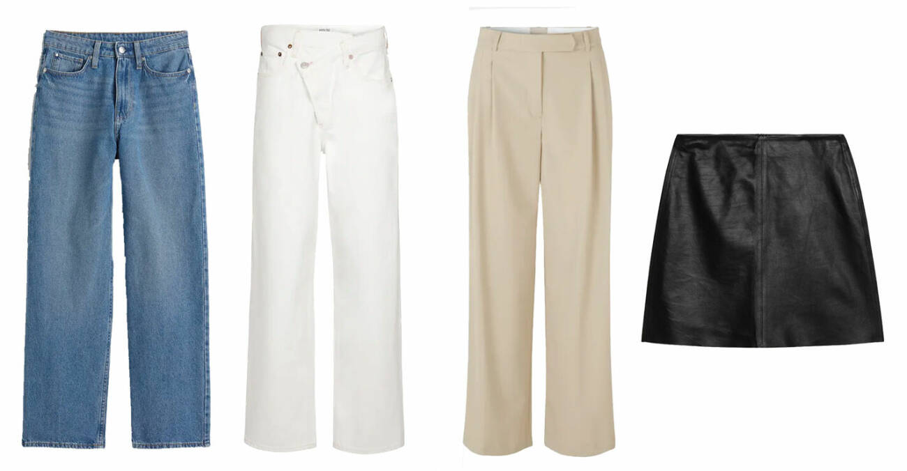 Plock med byxor. Jeans från H&amp;M, vita jeans från Agolde med criss cross detalj, beige kostymbyxor från The Garment och minikjol i läder från Arket.