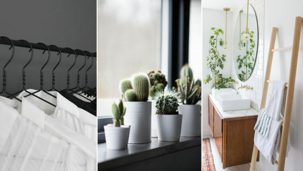 Genom att rensa ut onödiga prylar får du ett mer minimalistiskt och enhetligt hem. Foto: <a href="http://stylizimoblog.com/2016/08/22/clothing-rail/" target="_blank" rel="noopener">Nina Holst/Stylizimo</a> / <a href="http://belleza.facilisimo.com/40-ideas-para-jardines-de-cocina-con-plantas-suculentas_2029518.html#visor" target="_blank" rel="noopener">Belleza</a> / <a href="http://sarahshermansamuel.com/master-bath-final-tour/" target="_blank" rel="noopener">Sarah Sherman Samuel</a> vårstädningstips