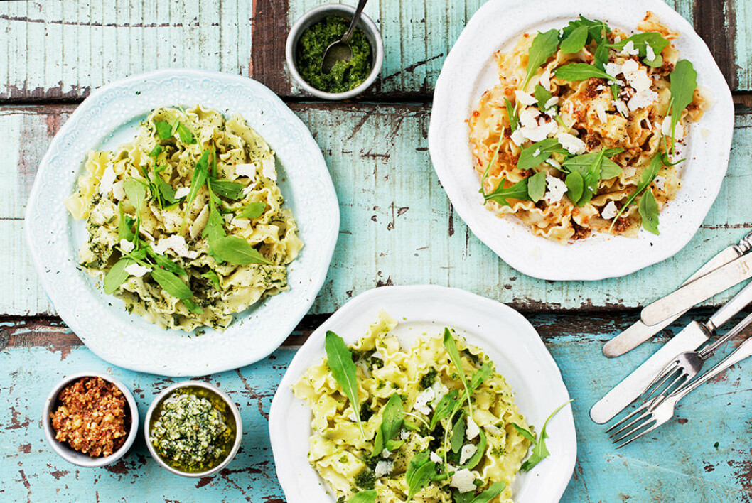 Pasta med tre sorters pesto. Pasta med tre sorters pesto.