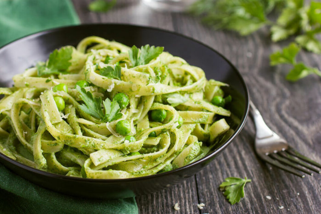Vegetarisk pasta med pesto. Foto: IBL Vegetarisk pasta med pesto. Foto: IBL