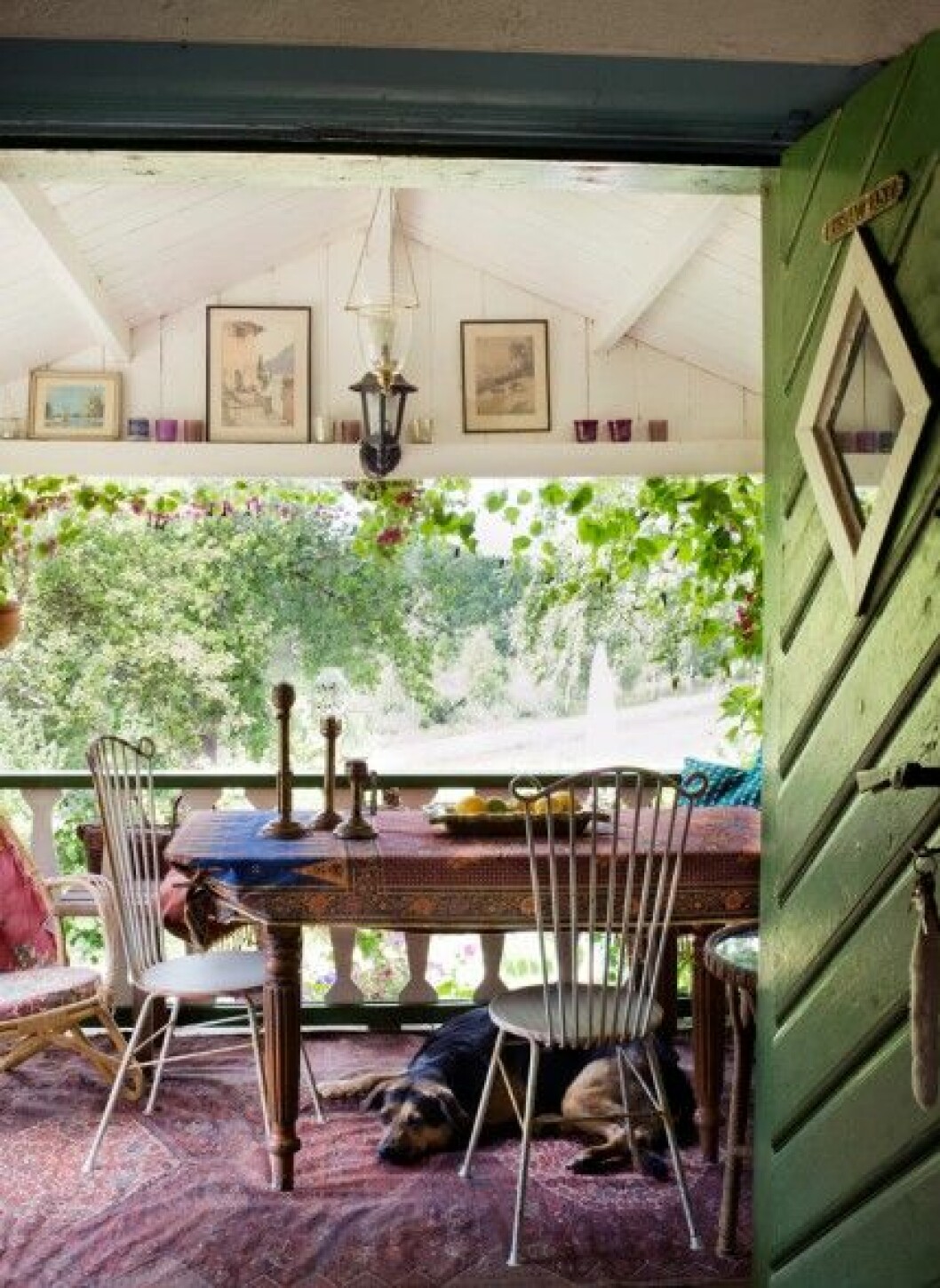 Verandan är inredd med loppisfynd. Hunden Seetha tar en paus under fällbordet från Raja. Verandan är inredd med loppisfynd. Hunden Seetha tar en paus under fällbordet från Raja.