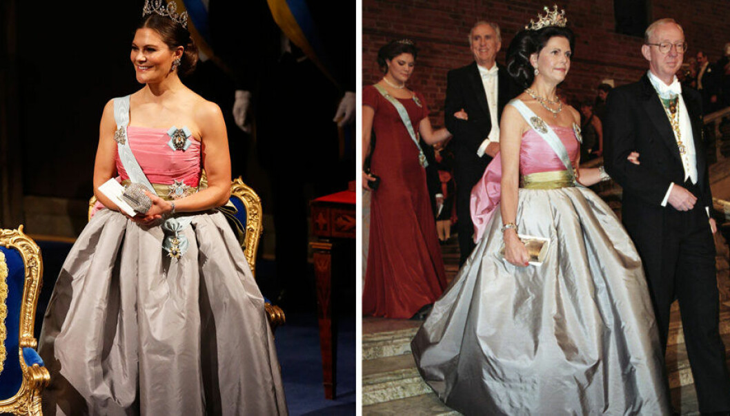 Här bär kronprinsessan drottning Silvias Nobelklänning från 1995
