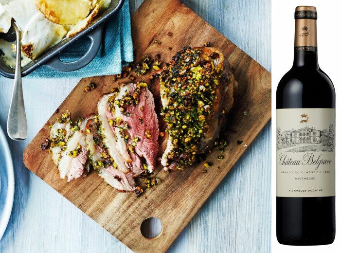 Lammstek med pistaschtäcke och Bordeaux.