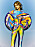 Modellen har på sig en färgstark, figurnära overall med ballongsilhuett från Lenny Niemeyer