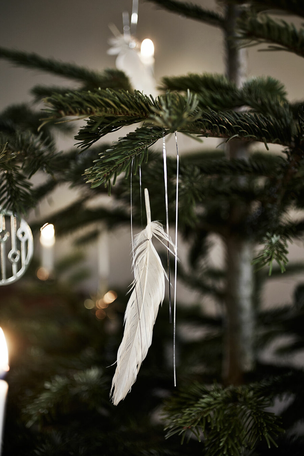 Juldekorationer i granen i form av en fjäder