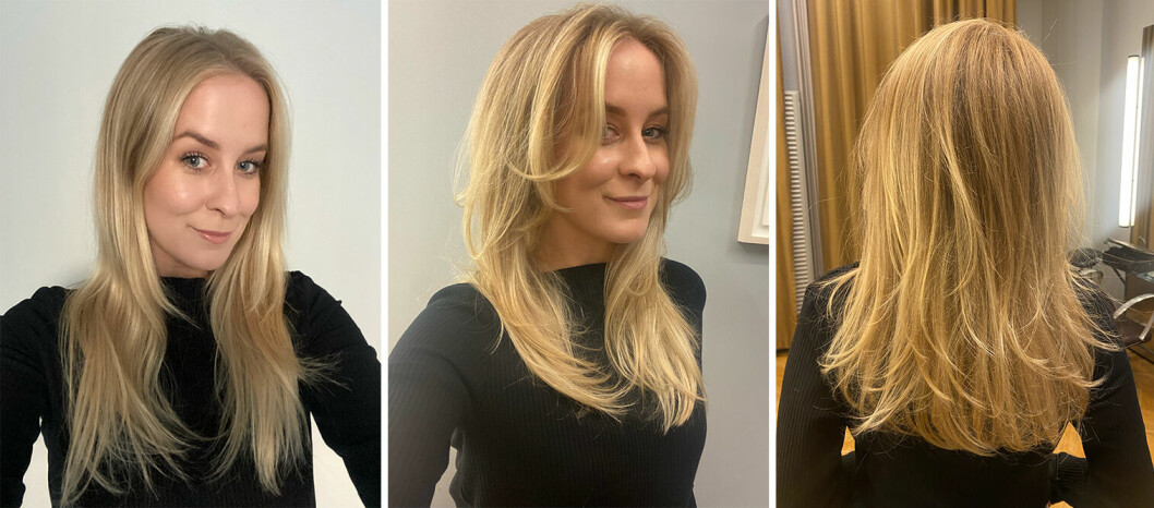 ELLEs beautyredaktör Veronica Henriksson före (t.v.) och efter (mitten och t.h.) en volymförvandling. Kortare hår och uppklippta längder – och såklart rätt volymstyling. volym till hår bästa frisyrer före efter tips