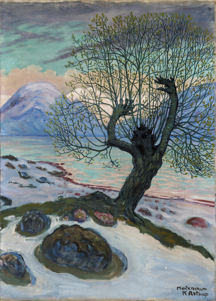 Nikolai Astrup, Marsmorgon, ca 1920. Olja på duk, 65x46,5 cm, visas på Waldemarsudde. Nikolai Astrup (1880-1928) är en välkänd och älskad konstnär hemma i Norge