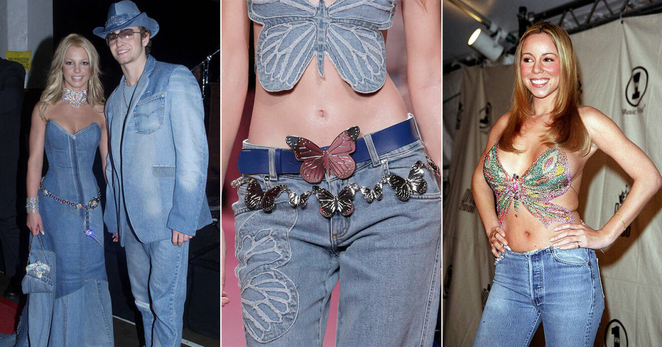 Y2K-stil: Britney Spears och Justin Timberlake i jeans, Blumarine SS22 och Mariah Carey i jeans med låg midja och fjärilstopp